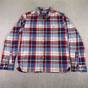 Tommy Hilfiger Denim Button Down Shirt Mens Large Red Blue Plaid Slim Fit